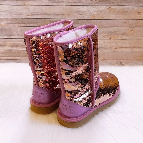 UGG Women’s Classic Short Sequin Pink Boots - Picture 2 of 8